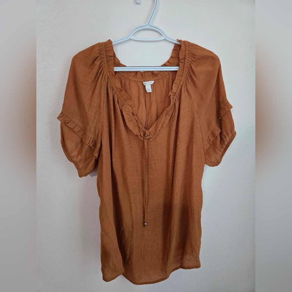 Cato Brown Relaxed Buttoned Tie Front Blouse